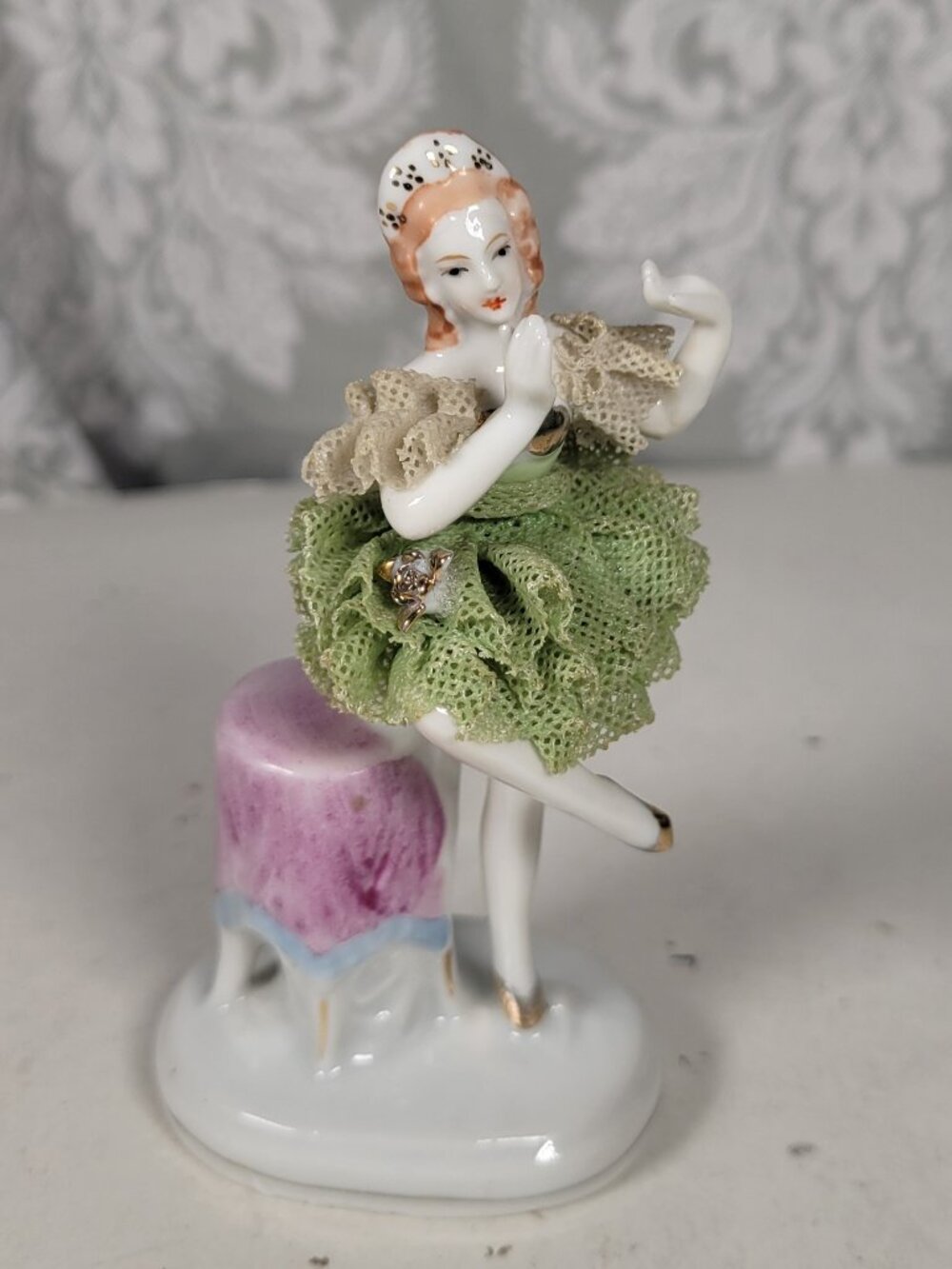 Vintage German Dresden Lace Green With Gold Accents Dress Porcelain Ballerina Un